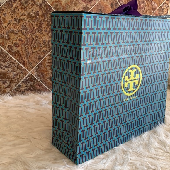 Designer Tory Burch Blue Purple and Green Paper Shopping Bag with Bow - Picture 4 of 9